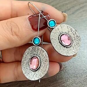Tribal Pink, Blue Stone Dangle Earrings Vintage Bohemian Boho